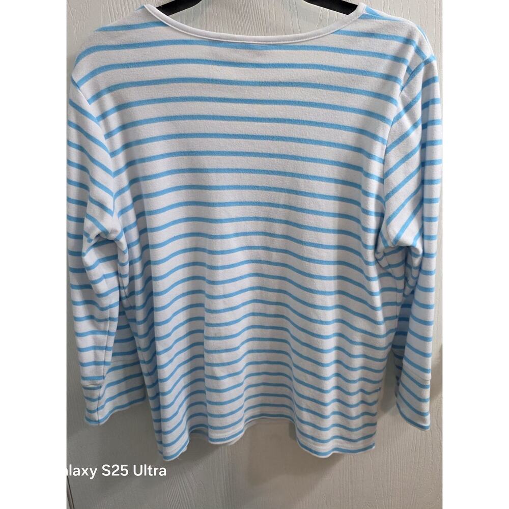 Quacker Factory Blue Striped Shirt Palm Tree sequin beaded Beachy Coastal L - Picture 2 of 11